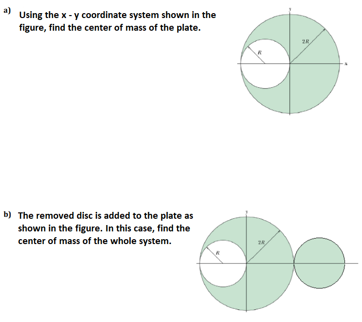 a)
Using the x - y coordinate system shown in the
figure, find the center of mass of the plate.
2R
b) The removed disc is added to the plate as
shown in the figure. In this case, find the
center of mass of the whole system.
2R
