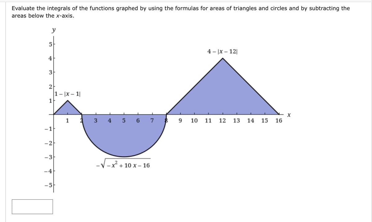 Evaluate the integrals of the functions graphed
using the formulas for areas of triangles and circles and by subtracting the
areas below the x-axis.
5
4 - |X – 12|
4
3
2
1- |x – 1|
1
3
4
6.
9
10 11
12
13
14
15
16
-2
|-x + 10 x – 16
-4
