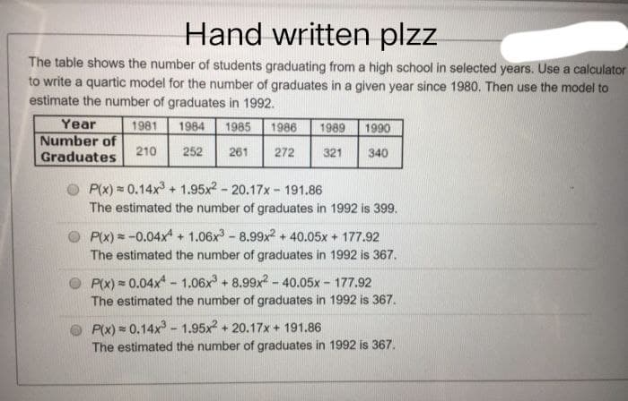 Hand written plzz
The table shows the number of students graduating from a high school in selected years. Use a calculator
to write a quartic model for the number of graduates in a given year since 1980. Then use the model to
estimate the number of graduates in 1992.
Year
1981
1984 1985 1986 1989
1990
Number of
Graduates
210 252 261 272
321
340
P(x) = 0.14x³+ 1.95x2 -20.17x- 191.86
The estimated the number of graduates in 1992 is 399.
P(x) = -0.04x4 + 1.06x3 - 8.99x² + 40.05x + 177.92
The estimated the number of graduates in 1992 is 367.
P(x) = 0.04x4 - 1.06x³ + 8.99x2 - 40.05x - 177.92
The estimated the number of graduates in 1992 is 367.
P(x) = 0.14x³1.95x² + 20.17x + 191.86
The estimated the number of graduates in 1992 is 367.