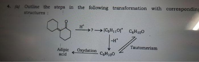 4. (a) Outline the steps in the following transformation with corresponding
structures :
H?ICH1or C6H100
-H*
Tautomerism
Adipic
acid
Oxydation
C6H100
