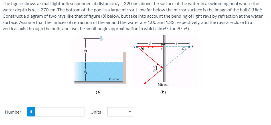 The figure shows a small lightbulb suspended at distance di = 320 cm above the surface of the water in a swimming pool where the
water depth is d2 = 270 cm. The bottom of the pool is a large mirror. How far below the mirror surface is the image of the bulb? (Hint:
Construct a diagram of two rays like that of figure (b) below, but take into account the bending of light rays by refraction at the water
surface. Assume that the indices of refraction of the air and the water are 1.00 and 1.33 respectively, and the rays are close to a
vertical axis through the bulb, and use the small-angle approximation in which sin e= tan 0- 0.)
di
de
Mirror
Mirror
(a)
(b)
Number
i
Units
