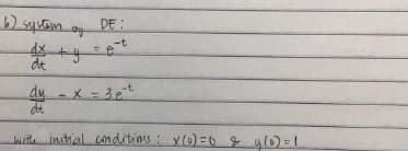 DE:
-t
4十サ
de
dy
X = 3et
with intial cnditins : x(0)=6 & ul0) =1
