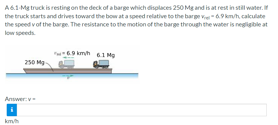 A 6.1-Mg truck is resting on the deck of a barge which displaces 250 Mg and is at rest in still water. If
the truck starts and drives toward the bow at a speed relative to the barge vrel = 6.9 km/h, calculate
the speed v of the barge. The resistance to the motion of the barge through the water is negligible at
low speeds.
V'rel = 6.9 km/h 6.1 Mg
250 Mg-
Answer: v =
i
km/h
