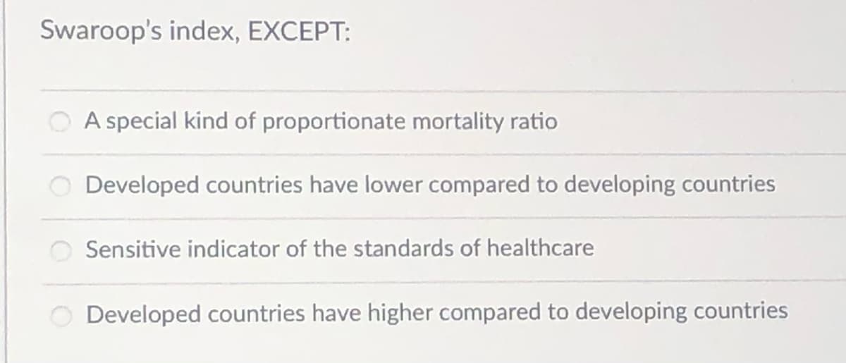 Swaroop's index, EXCEPT:
O A special kind of proportionate mortality ratio
Developed countries have lower compared to developing countries
Sensitive indicator of the standards of healthcare
Developed countries have higher compared to developing countries
