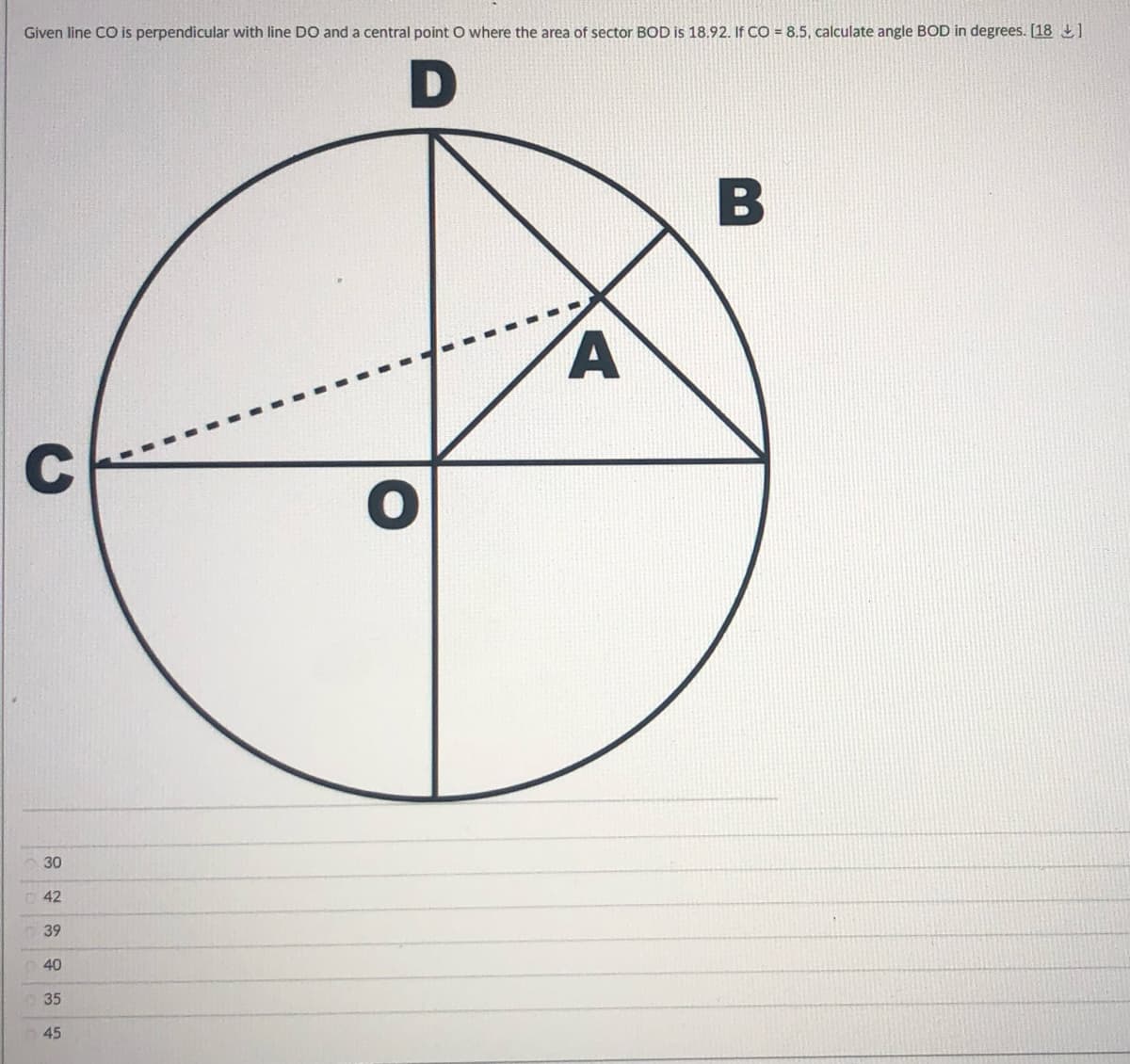 Given line CO is perpendicular with line DO and a central point O where the area of sector BOD is 18.92. If CO = 8.5, calculate angle BOD in degrees. [18 1
B
30
42
39
40
35
45
