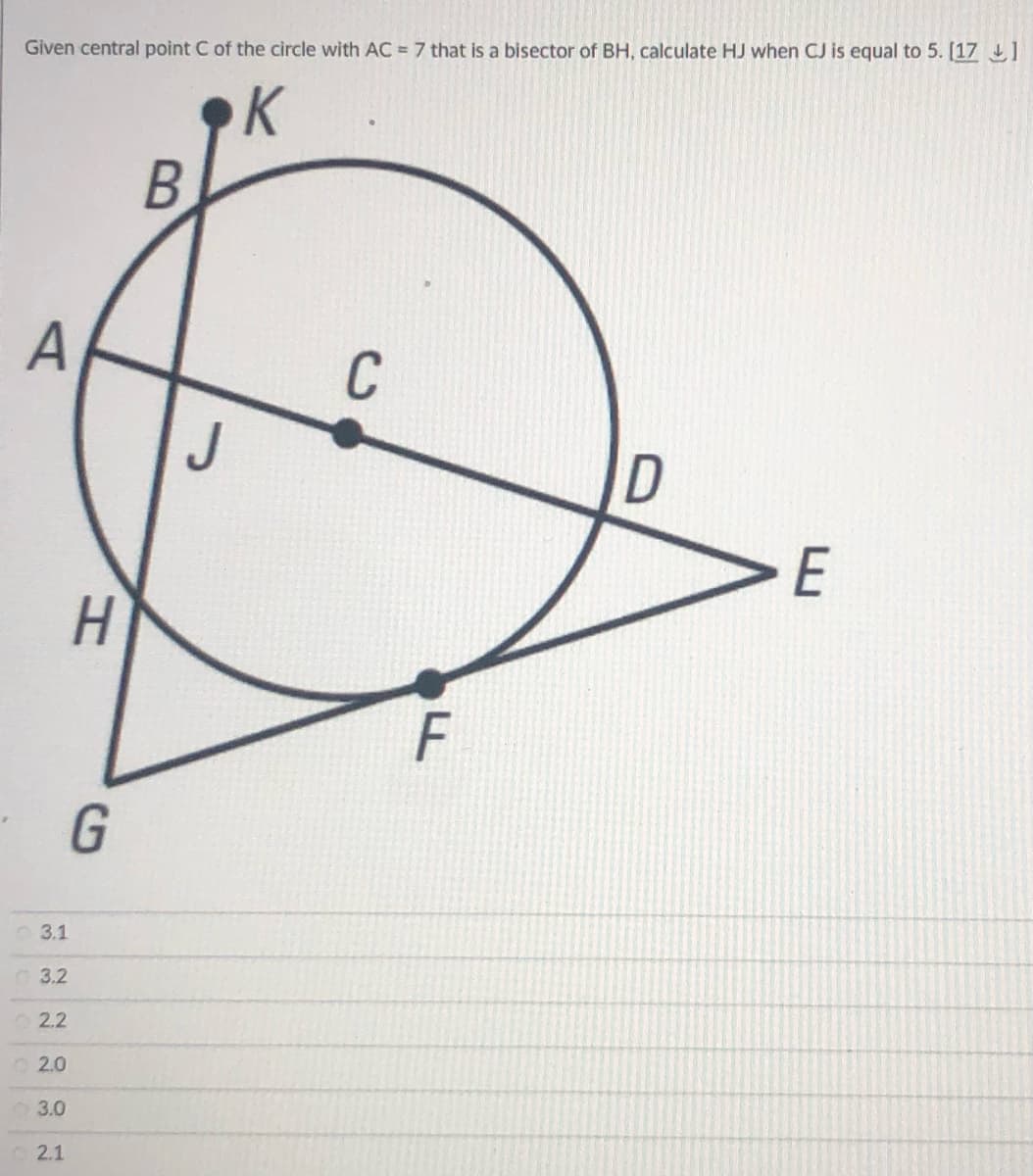 Given central point C of the circle with AC = 7 that is a bisector of BH, calculate HJ when CJ is equal to 5. [17 1
K
A
C
E
G
3.1
3.2
2.2
2.0
3.0
2.1
F.

