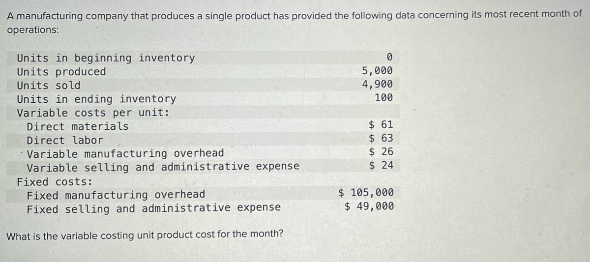 A manufacturing company that produces a single product has provided the following data concerning its most recent month of
operations:
Units in beginning inventory
Units produced
5,000
4,900
100
Units sold
Units in ending inventory
Variable costs per unit:
Direct materials
$ 61
$63
$ 26
$ 24
Direct labor
Variable manufacturing overhead
Variable selling and administrative expense
Fixed costs:
Fixed manufacturing overhead
Fixed selling and administrative expense
$ 105,000
$ 49,000
What is the variable costing unit product cost for the month?

