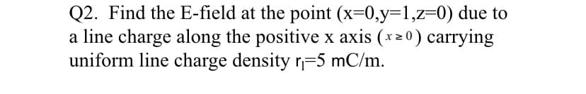 Q2. Find the E-field at the point (x=0,y=1,z=0) due to
a line charge along the positive x axis (*20) carrying
uniform line charge density r=5 mC/m.
