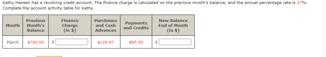 Kathy Hansen has a revolving credit account. The finance charge is calculated on the previous month's balance, and the annual percentage rate is 27%.
Complete the account activity table for Kathy.
Previous
Finance
Purchases
New Balance
Charge
(in $)
and Cash
Advances
Payments
and Credits
Month
Month's
End of Month
Balance
(in $)
March
$760.00
$
$129.97
$65.00
$
