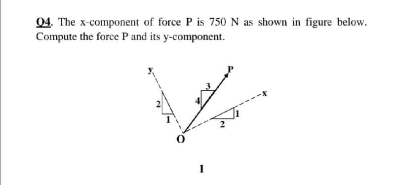 04. The x-component of force P is 750 N as shown in figure below.
Compute the force P and its y-component.
2
1
