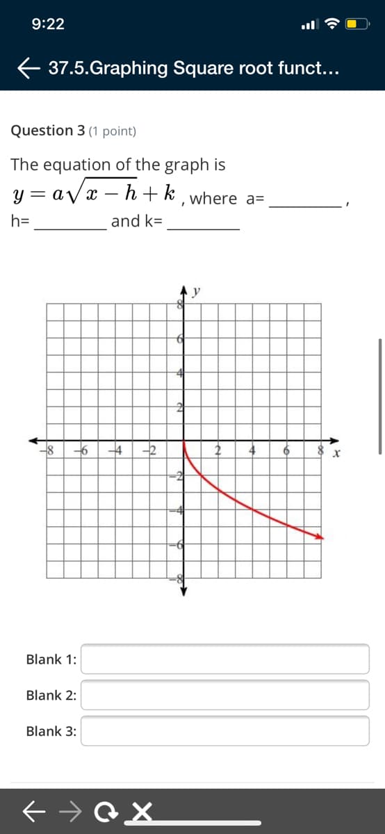 9:22
37.5.Graphing Square root funct...
Question 3 (1 point)
The equation of the graph is
y = avx – h+k,where a=
h=
and k=
-6
4
Blank 1:
Blank 2:
Blank 3:
