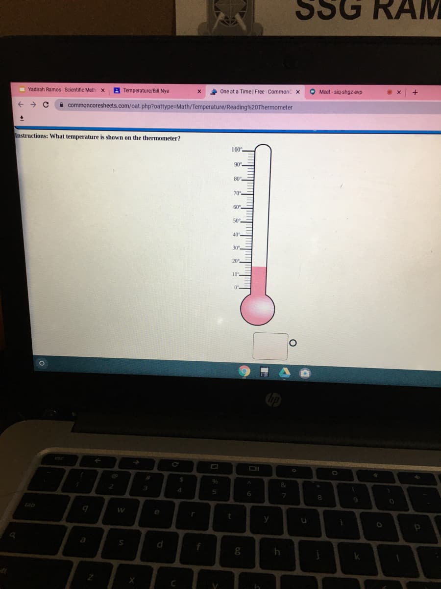 structions: What temperature is shown on the thermometer?
100°.
90°
80°
70°
60
50
40°
30%
20°
10°
0%
