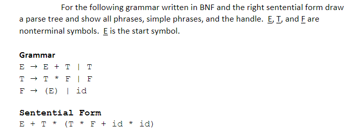 For the following grammar written in BNF and the right sentential form draw
a parse tree and show all phrases, simple phrases, and the handle. E, I, and F are
nonterminal symbols. E is the start symbol.
Grammar
E - E + T | T
T → T * F|F
F → (E) | id
Sentential Form
E + T * (T * F + id * id)
