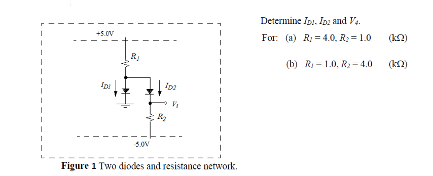 L
+5.0V
IDI
R₁
-5.0V
ID2
R₂
Figure 1 Two diodes and resistance network.
Determine IDI, ID2 and V4.
For: (a) R₁4.0, R₂ = 1.0
(b) R₁ = 1.0, R₂ = 4.0
(ΚΩ)
(ΚΩ)