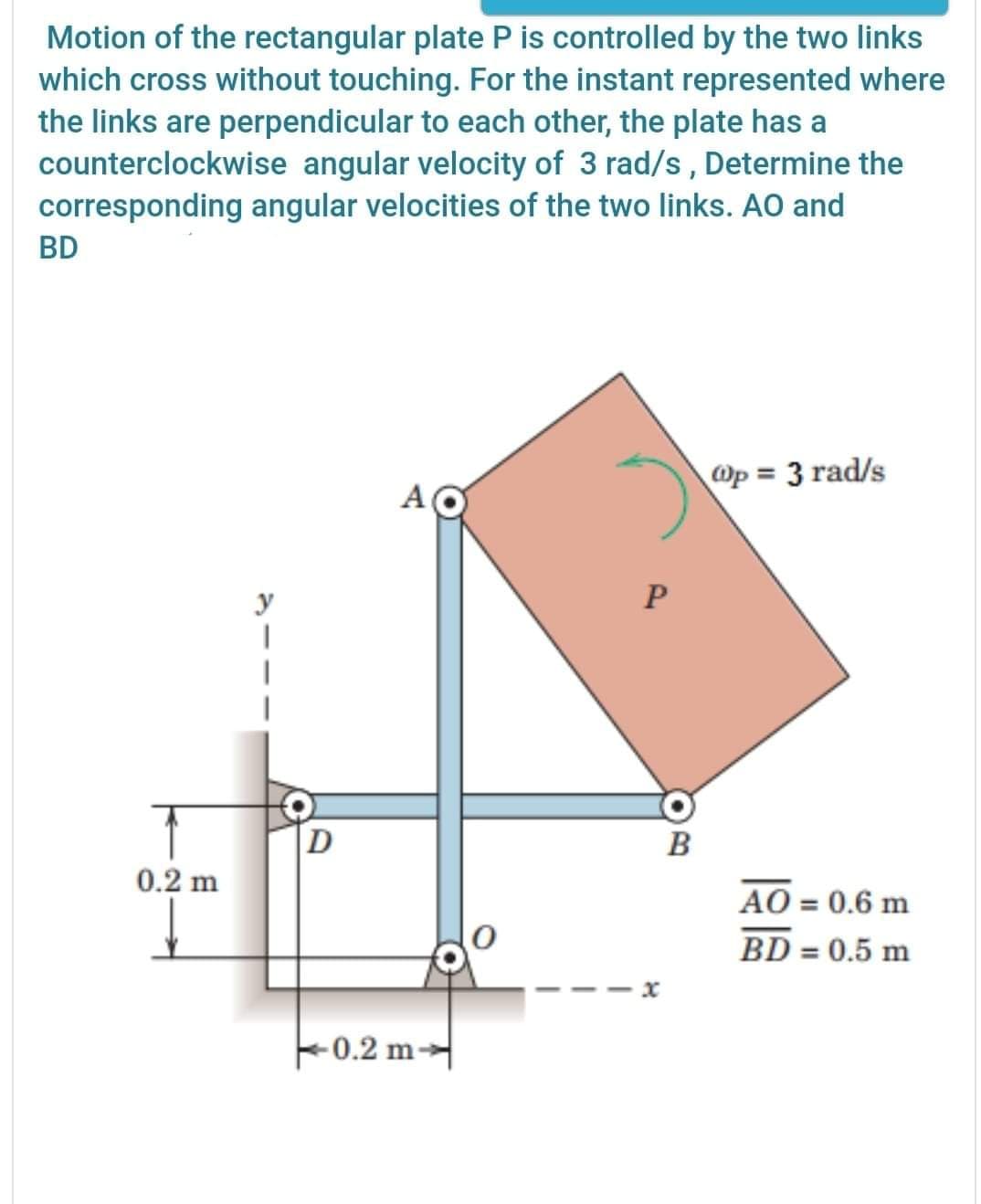 Motion of the rectangular plate P is controlled by the two links
which cross without touching. For the instant represented where
the links are perpendicular to each other, the plate has a
counterclockwise angular velocity of 3 rad/s , Determine the
corresponding angular velocities of the two links. AO and
BD
@p = 3 rad/s
A
D
B
0.2 m
AO = 0.6 m
BD = 0.5 m
-0.2 m→
