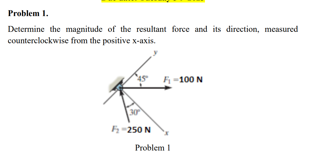 Problem 1.
Determine the magnitude of the resultant force and its direction, measured
counterclockwise from the positive x-axis.
45°
30
F₂=250 N
F₁ =100 N
Problem 1