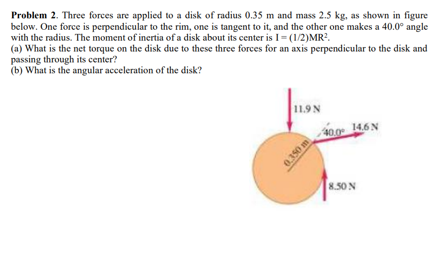 Problem 2. Three forces are applied to a disk of radius 0.35 m and mass 2.5 kg, as shown in figure
below. One force is perpendicular to the rim, one is tangent to it, and the other one makes a 40.0° angle
with the radius. The moment of inertia of a disk about its center is I = (1/2)MR².
(a) What is the net torque on the disk due to these three forces for an axis perpendicular to the disk and
passing through its center?
(b) What is the angular acceleration of the disk?
11.9 N
0.350 m
40.0° 14.6 N
8.50 N