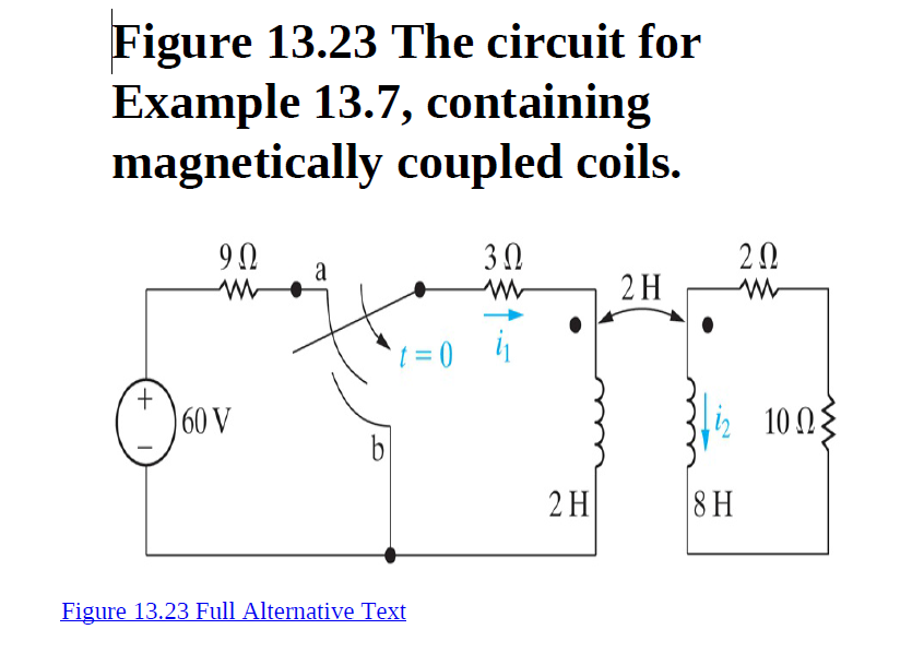 Figure 13.23 The circuit for
Example 13.7, containing
magnetically coupled coils.
30
2 H
t = 0
60 V
10 N{
2 H
8 H
Figure 13.23 Full Alternative Text
