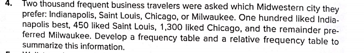 4.
Two thousand frequent business travelers were asked which Midwestern city they
prefer: Indianapolis, Saint Louis, Chicago, or Milwaukee. One hundred liked India-
napolis best, 450 liked Saint Louis, 1,300 liked Chicago, and the remainder pre-
ferred Milwaukee. Develop a frequency table and a relative frequency table to
summarize this information.
