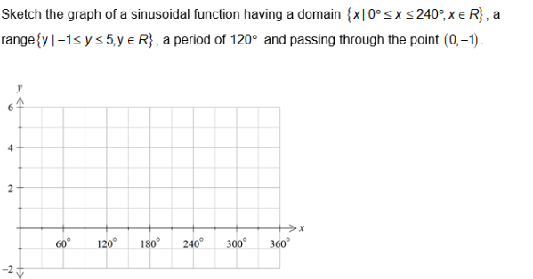 Sketch the graph of a sinusoidal function having a domain {x|0°<x< 240°, x e R} , a
range{y|-15 y< 5,y e R} , a period of 120° and passing through the point (0,–1).
4
60°
120°
180°
240°
300°
360°
+>
2.
