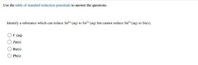 Use the table of standard reduction potentials to answer the questions.
Identify a substance which can reduce Sn** (aq) to Sn²*(aq) but cannot reduce Sn2+ (aq) to Sn(s).
F(aq)
Zn(s)
Ru(s)
O Pb(s)
