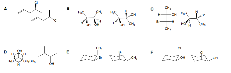 A
D
OH
H
H
H₂C
CH2CH3
OH
H
CI
B
E
H3C
CH3
H3C
H
CH3
BOH
H
OH H₂C
H
Br
OH OH
OH CH₂
Br
-H
HO
H CH3
CH3
CH3
Br
Br
Cl
F
CH3
Cl
OH
OH