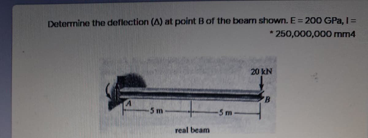 Determine the deflection (A) at point B of the beam shown. E= 200 GPa, I=
* 250,000,000 mm4
%3D
20 kN
B.
5m
-5m
real beam
