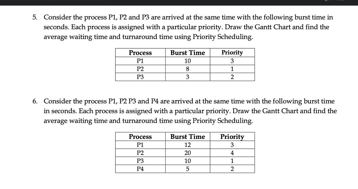 5. Consider the process P1, P2 and P3 are arrived at the same time with the following burst time in
seconds. Each process is assigned with a particular priority. Draw the Gantt Chart and find the
average waiting time and turnaround time using Priority Scheduling.
Process
Burst Time
Priority
P1
10
3
P2
8
1
P3
2
6. Consider the process P1, P2 P3 and P4 are arrived at the same time with the following burst time
in seconds. Each process is assigned with a particular priority. Draw the Gantt Chart and find the
average waiting time and turnaround time using Priority Scheduling.
Process
Burst Time
Priority
P1
12
3
Р2
20
4
P3
10
1
Р4
5
2
