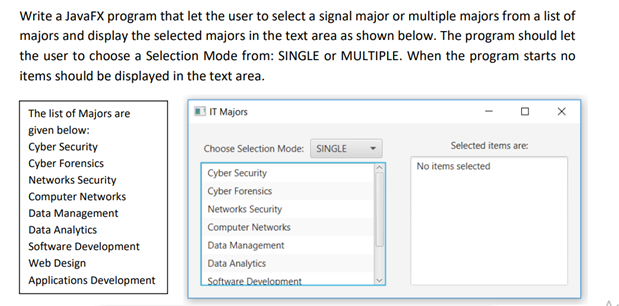 Write a JavaFX program that let the user to select a signal major or multiple majors from a list of
majors and display the selected majors in the text area as shown below. The program should let
the user to choose a Selection Mode from: SINGLE or MULTIPLE. When the program starts no
items should be displayed in the text area.
The list of Majors are
IT Majors
given below:
Cyber Security
Choose Selection Mode: SINGLE
Selected items are:
Cyber Forensics
No items selected
Cyber Security
Networks Security
Cyber Forensics
Computer Networks
Data Management
Networks Security
Computer Networks
Data Analytics
Software Development
Data Management
Web Design
Data Analytics
Applications Development
Software Develooment
