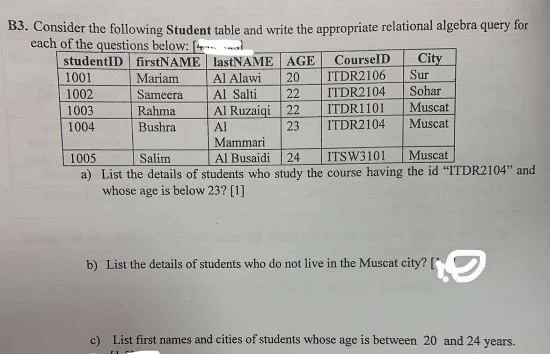 B3. Consider the following Student table and write the appropriate relational algebra query for
each of the questions below: [4..
studentID firstNAME lastNAME AGE
TETCE
City
Sur
CourselD
1001
Mariam
Al Alawi
20
ITDR2106
1002
Sameera
Al Salti
22
ITDR2104
Sohar
Muscat
Al Ruzaiqi 22
Al
1003
Rahma
ITDR1101
1004
Bushra
23
ITDR2104
Muscat
Mammari
1005
Salim
Al Busaidi
24
ITSW3101
Muscat
a) List the details of students who study the course having the id "ITDR2104" and
whose age is below 23? [1]
b) List the details of students who do not live in the Muscat city?
c) List first names and cities of students whose age is between 20 and 24 years.
