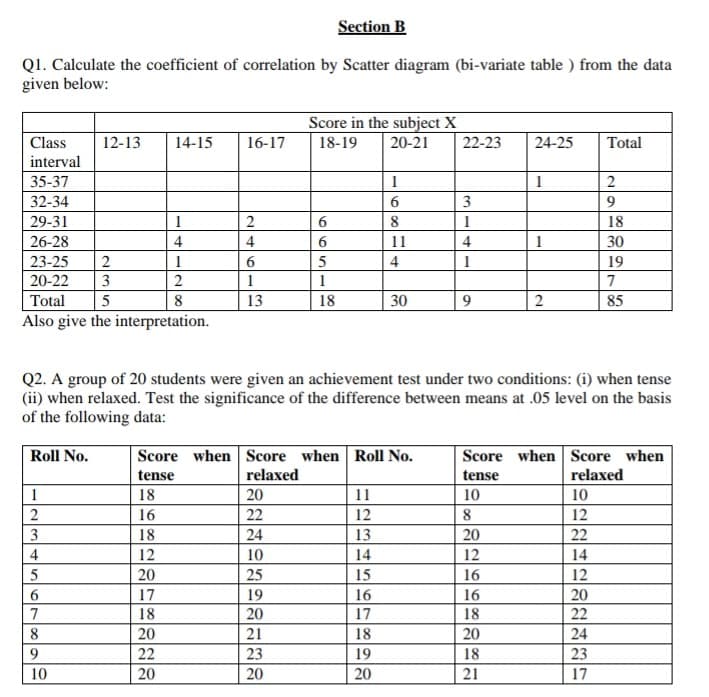 Section B
Q1. Calculate the coefficient of correlation by Scatter diagram (bi-variate table ) from the data
given below:
Score in the subject X
20-21
Class
12-13
14-15
16-17
18-19
22-23
24-25
Total
interval
35-37
1
1
2
32-34
3
9
29-31
1
8
1
18
26-28
4
4
11
4
1
30
23-25
2
1
4
1
19
20-22
3
2
1
1
7
Total
5
8
13
18
30
9.
85
Also give the interpretation.
Q2. A group of 20 students were given an achievement test under two conditions: (i) when tense
(ii) when relaxed. Test the significance of the difference between means at .05 level on the basis
of the following data:
Roll No.
Score when Score when Roll No.
Score when Score when
tense
relaxed
tense
relaxed
1
18
20
11
10
10
16
22
12
12
18
24
13
20
22
4
12
10
14
12
14
5
20
25
15
16
12
6.
17
19
16
16
20
7
18
20
17
18
22
8.
20
21
18
20
24
9.
22
23
19
18
23
10
20
20
20
21
17
