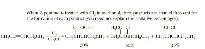 When 2-pentene is treated with Cl, in methanol, three products are formed. Account for
the formation of each product (you need not explain their relative percentages).
CI OCH3
H,CO CI
CI CI
Cle
CH;CHCHCH,CH, + CH;CHCHCH,CH3 + CH,CHČHCH,CH,
CH;OH
CH;CH=CHCH,CH,
50%
35%
15%
