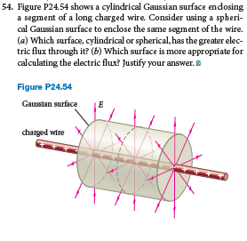 54. Figure P24.54 shows a cylindrical Gaussian surface endosing
a segment of a long charged wire. Consider using a spheri-
cal Gaussian surface to enclose the same segment of the wire.
(a) Which surface, cylindrical or spherical, has the greater elec-
tric flux through it? (6) Which surface is more appropriate for
calculating the electric flux? Justify your answer. B
Figure P24.54
Gausslan surface
E
charged wire
