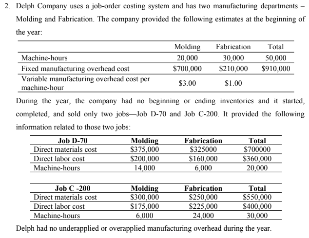 2. Delph Company uses a job-order costing system and has two manufacturing departments –
Molding and Fabrication. The company provided the following estimates at the beginning of
the year:
Molding
Fabrication
Total
Machine-hours
20,000
30,000
50,000
Fixed manufacturing overhead cost
Variable manufacturing overhead cost per
machine-hour
$700,000
$210,000
$910,000
$3.00
$1.00
During the year, the company had no beginning or ending inventories and it started,
completed, and sold only two jobs–Job D-70 and Job C-200. It provided the following
information related to those two jobs:
Job D-70
Direct materials cost
Direct labor cost
Machine-hours
Molding
$375,000
$200,000
14,000
Fabrication
$325000
Total
$700000
$360,000
20,000
$160,000
6,000
Job C -200
Direct materials cost
Direct labor cost
Machine-hours
Molding
$300,000
$175,000
6,000
Fabrication
$250,000
$225,000
24,000
Total
$550,000
$400,000
30,000
Delph had no underapplied or overapplied manufacturing overhead during the year.
