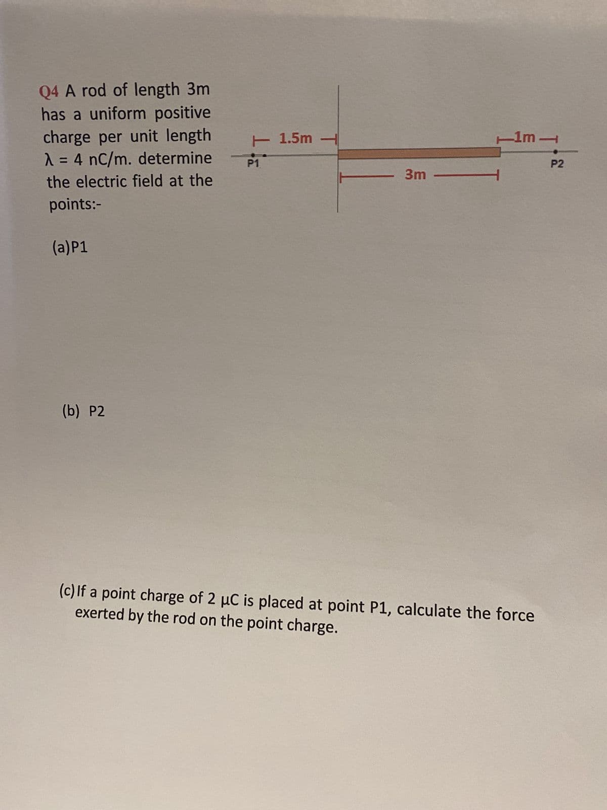 Q4 A rod of length 3m
has a uniform positive
charge per unit length
λ = 4 nC/m. determine
the electric field at the
points:-
(a) P1
3m - 1
(b) P2
(c) If a point charge of 2 µC is placed at point P1, calculate the force
exerted by the rod on the point charge.
- 1.5m -
P1
1m
P2