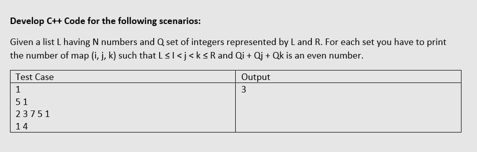 Develop C++ Code for the following scenarios:
Given a list L having N numbers and Q set of integers represented by L and R. For each set you have to print
the number of map (i, j, k) such that L≤ 1 <j < k≤R and Qi + Qj + Qk is an even number.
Test Case
1
51
23751
14
Output
3