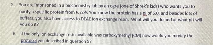 5. You are imprisoned in a biochemistry lab by an ogre (one of Shrek's kids) who wants you to
purify a specific protein from E. coli. You know the protein has a pl of 6.0, and besides lots of
buffers, you also have access to DEAE ion exchange resin. What will you do and at what pH will
you do it?
6. If the only ion exchange resin available was carboxymethyl (CM) how would you modify the
protocol you described in question 5?
