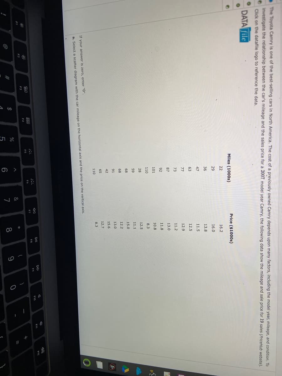 The Toyota Camry is one of the best-selling cars in North America. The cost of a previously owned Camry depends upon many factors, including the model year, mileage, and condition. To
investigate the relationship between the car's mileage and the sales price for a 2007 model year Camry, the following data show the mileage and sale price for 19 sales (PriceHub website).
C
Click on the datafile logo to reference the data.
DATA file
Miles (1000s)
Price ($1000s)
22
16.2
29
16.0
36
13.8
47
11.5
63
12.5
77
12.9
73
11.2
87
13.0
92
11.8
101
10.8
110
8.3
28
12.5
59
11.1
15.0
68
68
12.2
13.0
91
15.6
42
12.7
65
8.3
110
If your answer is zero, enter "0".
a. Select a scatter diagram with the car mileage on the horizontal axis and the price on the vertical axis.
DA
F7
F6
80
::
F5
F4
F3
F1
!
@
F2
#
$
%
5
6
&
7
* CO
8
DIL
FR
(
9
F9
-O
)
0
F11
+
11
=
A
E