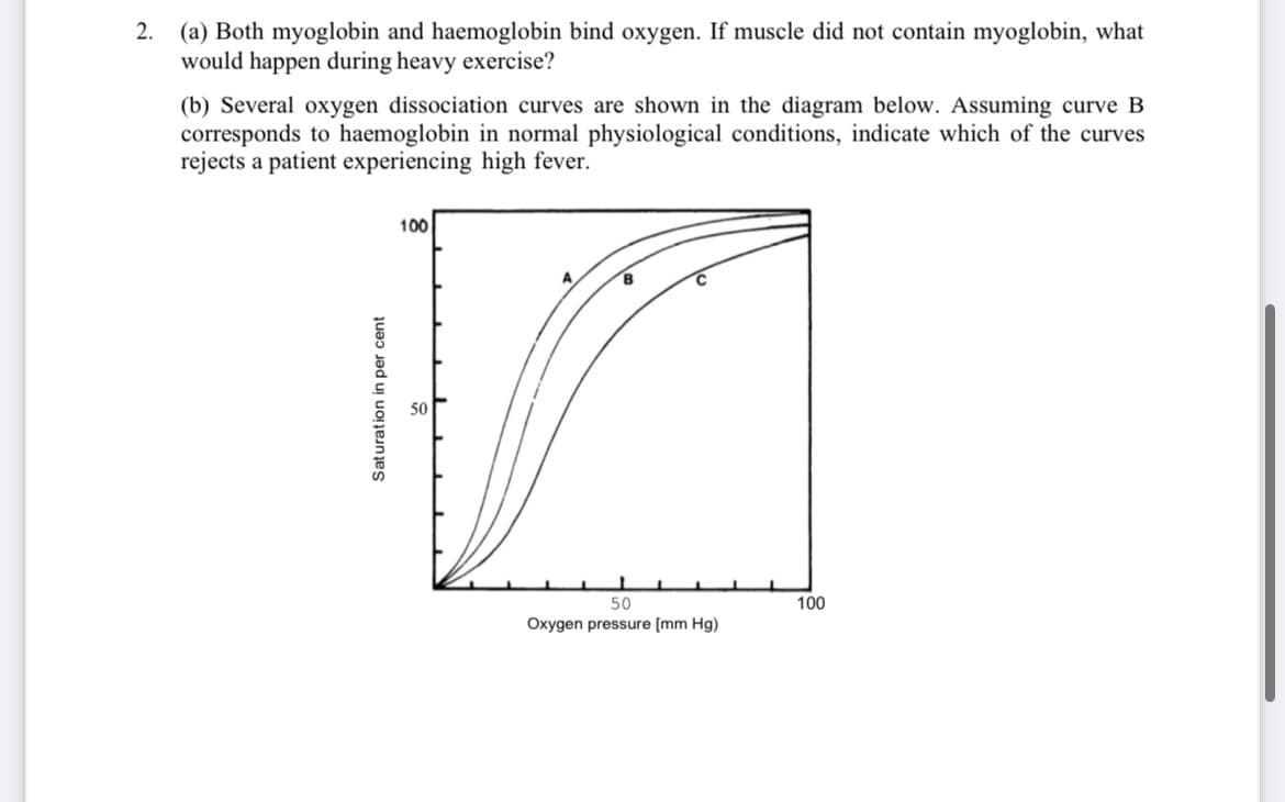 2.
(a) Both myoglobin and haemoglobin bind oxygen. If muscle did not contain myoglobin, what
would happen during heavy exercise?
(b) Several oxygen dissociation curves are shown in the diagram below. Assuming curve B
corresponds to haemoglobin in normal physiological conditions, indicate which of the curves
rejects a patient experiencing high fever.
100
50
50
100
Oxygen pressure [mm Hg)
Saturation in per cent
