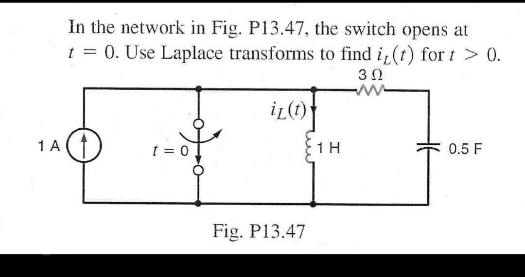 In the network in Fig. P13.47, the switch opens at
t
0. Use Laplace transforms to find i,(t) for t > 0.
%3D
3 0
1 A
t = 0
1 H
0.5 F
Fig. P13.47
