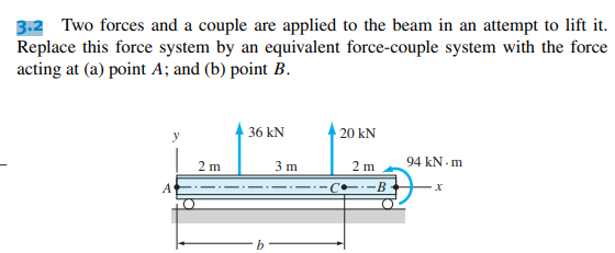 3.2 Two forces and a couple are applied to the beam in an attempt to lift it.
Replace this force system by an equivalent force-couple system with the force
acting at (a) point A; and (b) point B.
2m
36 kN
b
3 m
20 kN
2 m
B
94 kN-m
X
