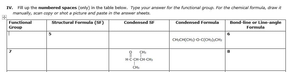 IV. Fill up the numbered spaces (only) in the table below. Type your answer for the functional group. For the chemical formula, draw it
manually, scan copy or shot a picture and paste in the answer sheets.
Functional
Structural Formula (SF)
Condensed SF
Condensed Formula
Bond-line or Line-angle
Group
Formula
5
6.
CH3CH(CH3)-0-C(CH3)2CH3
CH3
H-C-CH-CH-CH3
CH3
