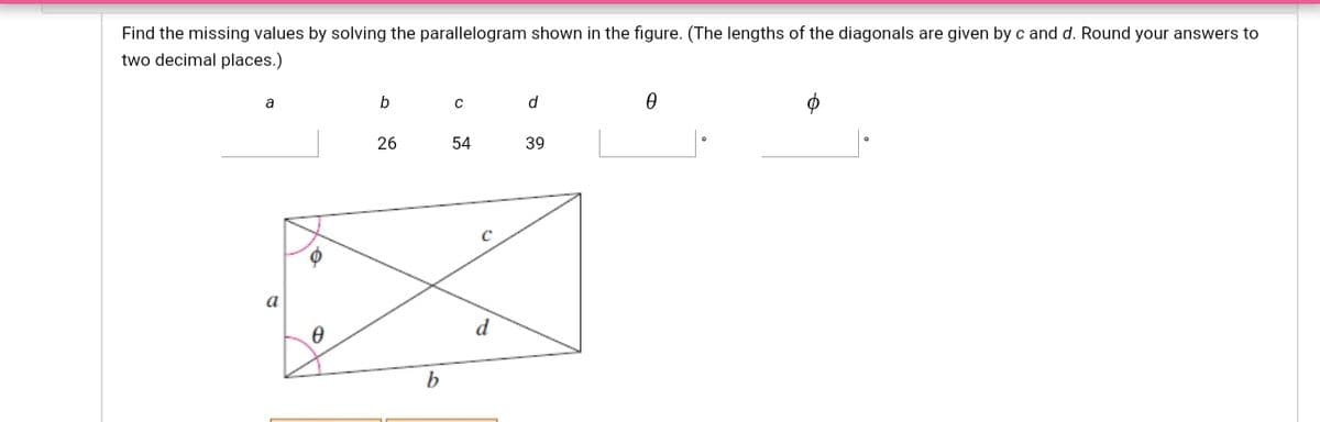 Find the missing values by solving the parallelogram shown in the figure. (The lengths of the diagonals are given by c and d. Round your answers to
two decimal places.)
a
b
d
26
54
39
d
