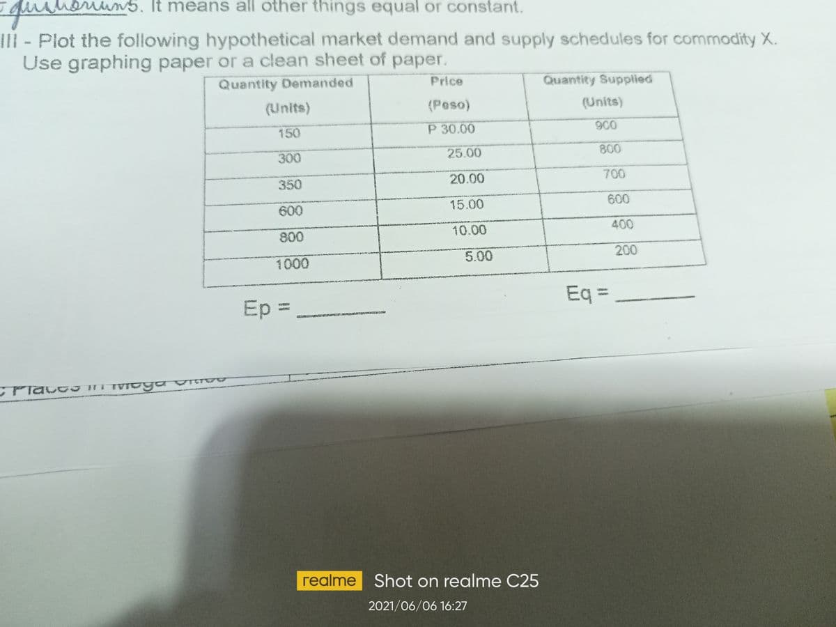 quse
mon
uns. It means all other things equal or constant.
II - Plot the following hypothetical market demand and supply schedules for commodity X.
Use graphing paper or a clean sheet of paper.
Quantity Demanded
Price
Quantity Supplied
(Units)
(Peso)
(Units)
P 30.00
900
150
800
25.00
300
20.00
700
350
600
15.00
600
400
10.00
800
5.00
200
1000
Eq =
a
Ep =
EVRGO
realme Shot on realme C25
2021/06/06 16:27
