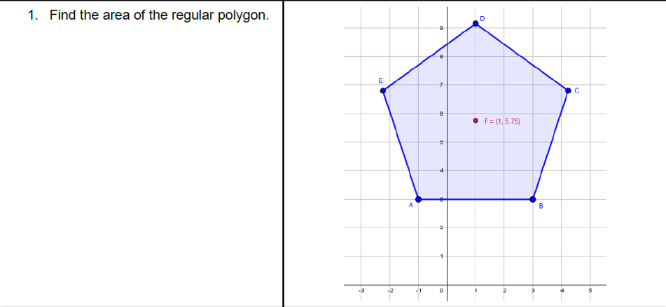 1. Find the area of the regular polygon.
D
-8
E
• F= (1, 5.75)
B
-1
