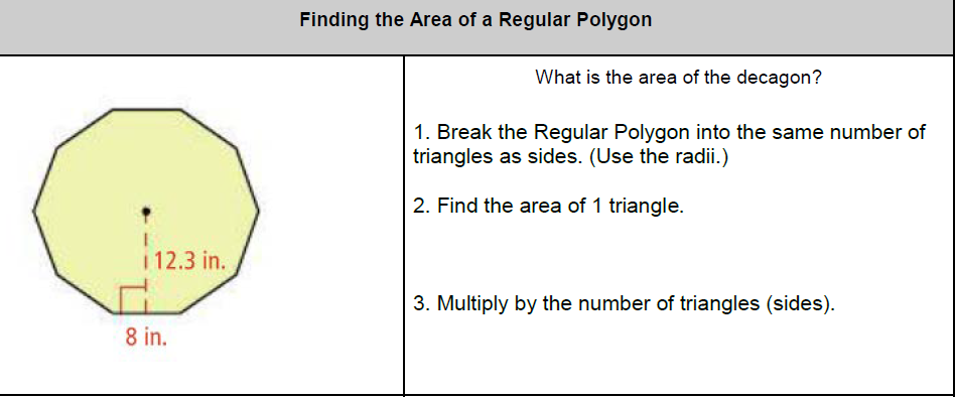 Finding the Area of a Regular Polygon
What is the area of the decagon?
1. Break the Regular Polygon into the same number of
triangles as sides. (Use the radii.)
2. Find the area of 1 triangle.
1 12.3 in.
3. Multiply by the number of triangles (sides).
8 in.
