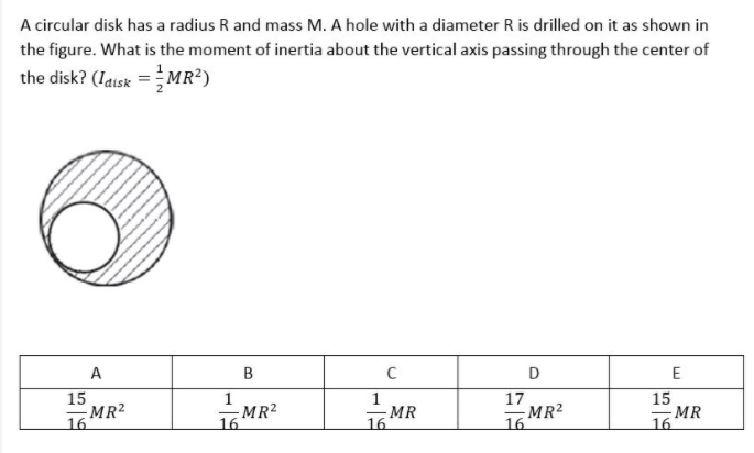 A circular disk has a radius R and mass M. A hole with a diameter R is drilled on it as shown in
the figure. What is the moment of inertia about the vertical axis passing through the center of
the disk? (Iatsk =MR²)
A
C
D
15
MR2
16
1
MR2
16
1
MR
16
17
MR2
16
15
MR
16
