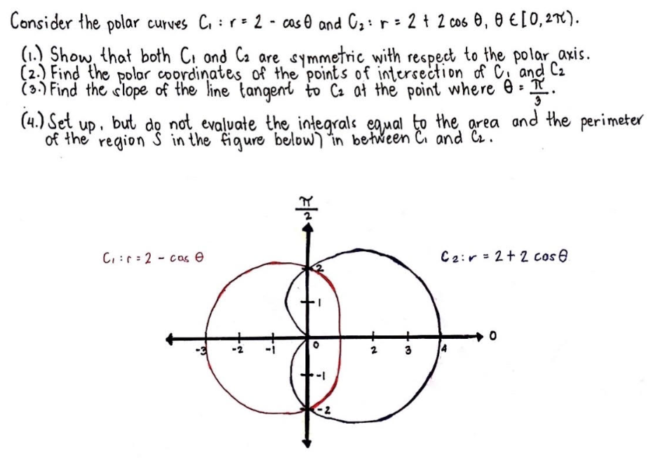 Consider the polar curves C₁ : r = 2 - cas and C₂: r = 2 + 2 cos 0, 0 € [0, 27).
(1.) Show that both C₁ and C₂ are symmetric with respect to the polar axis.
(2) Find the polar coordinates of the points of intersection of C and C₂
(3.) Find the slope of the line tangent to C₂ at the point where I = T
(4.) Set up, but do not evaluate the integrals equal to the area and the perimeter
of the region S in the figure below) in between C. and C₂.
C₁=2 cas
C₂:r = 2 + 2 cos
▶N|R
2
3