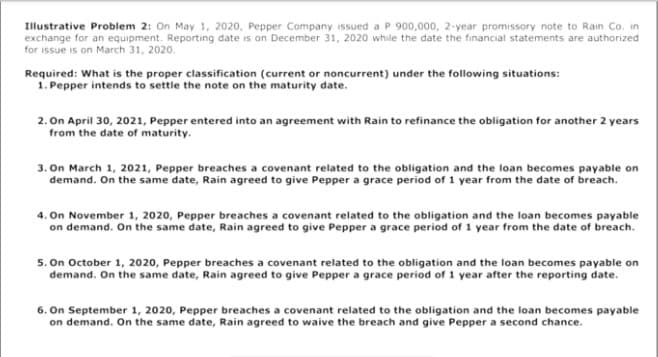 Illustrative Problem 2: On May 1, 2020, Pepper Company issued a P 900,000, 2-year promissory note to Rain Co. in
exchange for an equipment. Reporting date is on December 31, 2020 while the date the financial statements are authorized
for issue is on March 31, 2020.
Required: What is the proper classification (current or noncurrent) under the following situations:
1. Pepper intends to settle the note on the maturity date.
2. On April 30, 2021, Pepper entered into an agreement with Rain to refinance the obligation for another 2 years
from the date of maturity.
3. On March 1, 2021, Pepper breaches a covenant related to the obligation and the loan becomes payable on
demand. On the same date, Rain agreed to give Pepper a grace period of 1 year from the date of breach.
4. On November 1, 2020, Pepper breaches a covenant related to the obligation and the loan becomes payable
on demand. On the same date, Rain agreed to give Pepper a grace period of 1 year from the date of breach.
5. On October 1, 2020, Pepper breaches a covenant related to the obligation and the loan becomes payable on
demand. On the same date, Rain agreed to give Pepper a grace period of 1 year after the reporting date.
6. On September 1, 2020, Pepper breaches a covenant related to the obligation and the loan becomes payable
on demand. On the same date, Rain agreed to waive the breach and give Pepper a second chance.
