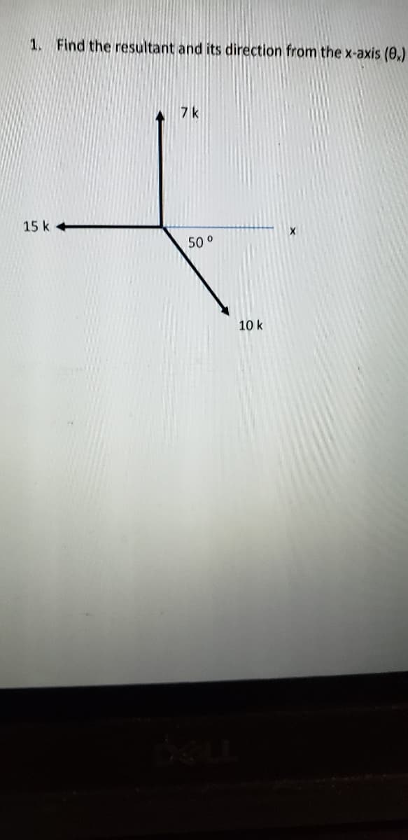 1. Find the resultant and its direction from the x-axis (0,)
7k
15 k
50 °
10 k
